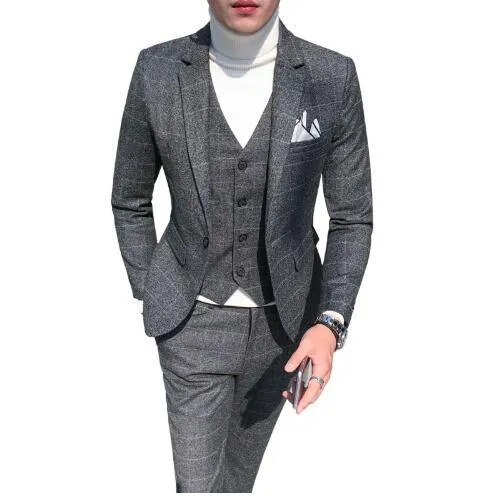 3 Pieces Suits Men British Style Designs Slim Fit Plaid Dress Tuxedo