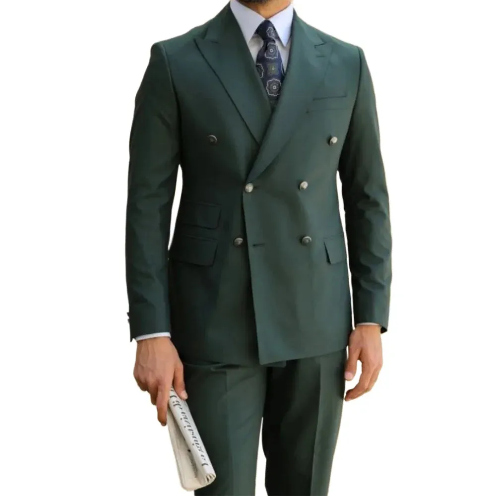 Aidase Classic Green Suits for Men Double Breasted Formal Business Blazer Wedding Groom Slim 2 Piece Jacket Pants Costume Homme