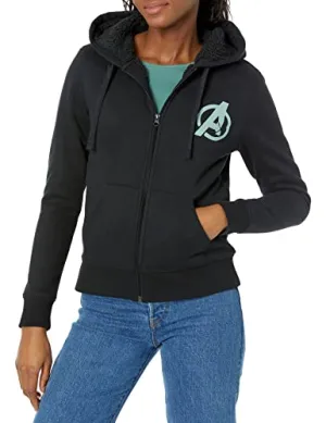 Amazon Essentials Disney | Marvel | Star Wars | Princess Women's Fleece Sherpa-Lined Full-Zip Hoodies, Avengers Logo, X-Small