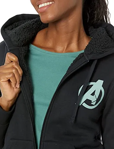 Amazon Essentials Disney | Marvel | Star Wars | Princess Women's Fleece Sherpa-Lined Full-Zip Hoodies, Avengers Logo, X-Small