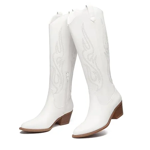 Athlefit Women's Western Embroidered Cowboy Boots Pointed Toe Chunky Heel Pull On Knee High Boots 02White Size 11