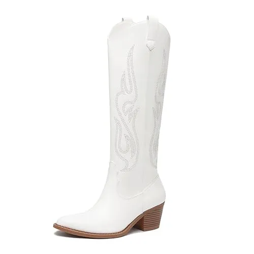 Athlefit Women's Western Embroidered Cowboy Boots Pointed Toe Chunky Heel Pull On Knee High Boots 02White Size 11