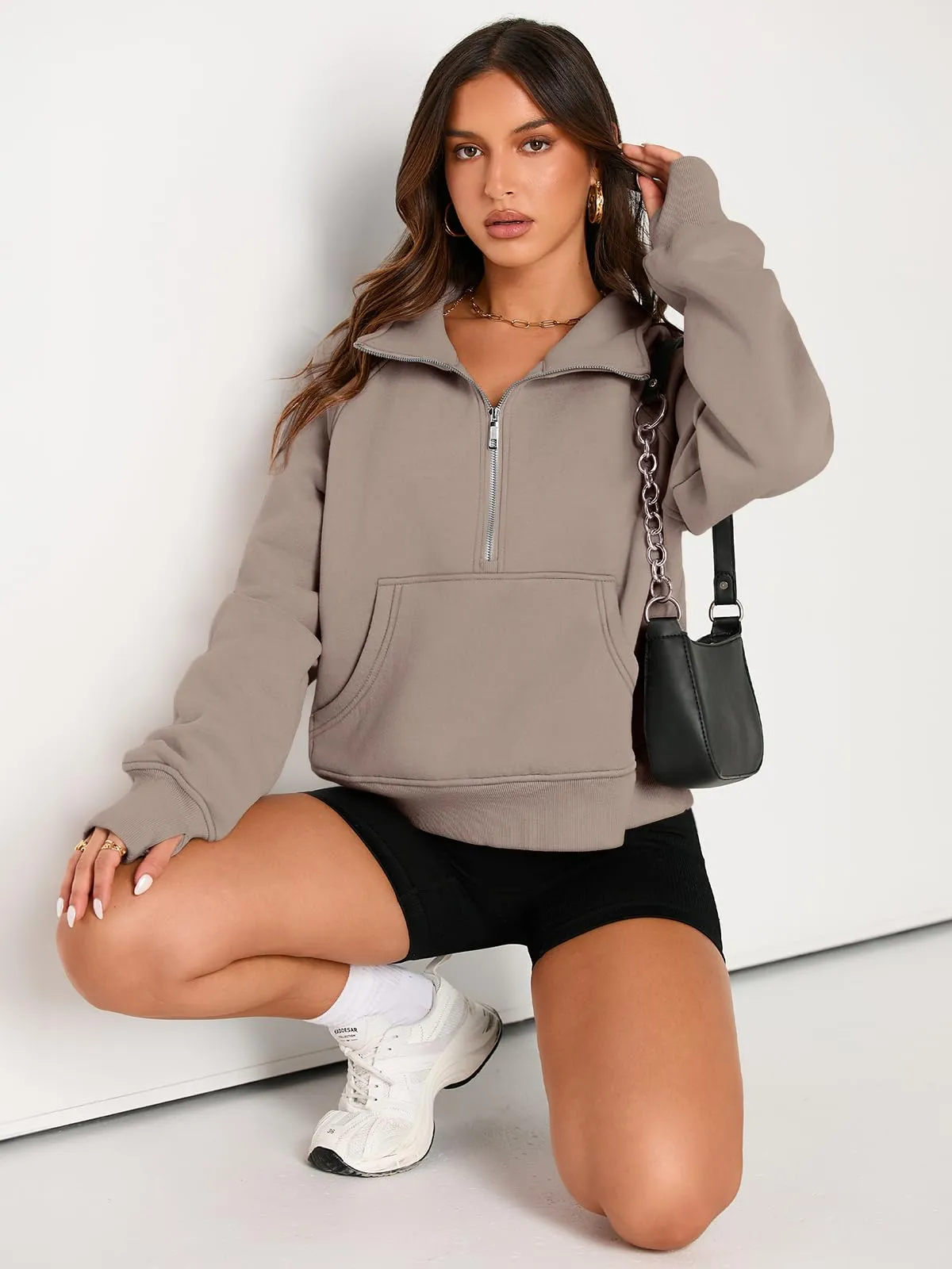 AUTOMET Womens Sweatshirts Half Zip Cropped Pullover Fleece Quarter Zipper Hoodies 2024 Fall Fashion Outfits Clothes Coffeegrey Medium