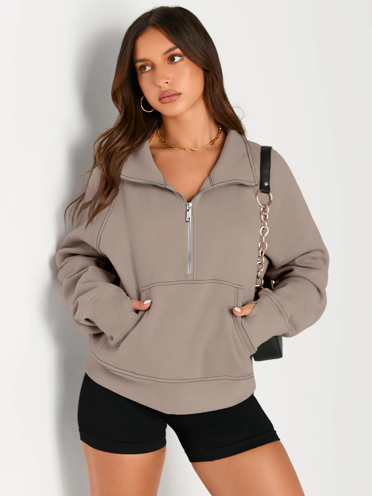 AUTOMET Womens Sweatshirts Half Zip Cropped Pullover Fleece Quarter Zipper Hoodies 2024 Fall Fashion Outfits Clothes Coffeegrey Medium