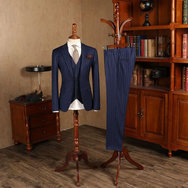 Baird Stunning Blue Striped Three Pieces Slim Fit Formal Men’s Suit