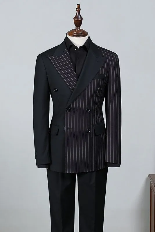 Beacher Formal Black Striped Peak Lapel Double Breasted Custom Business Suit