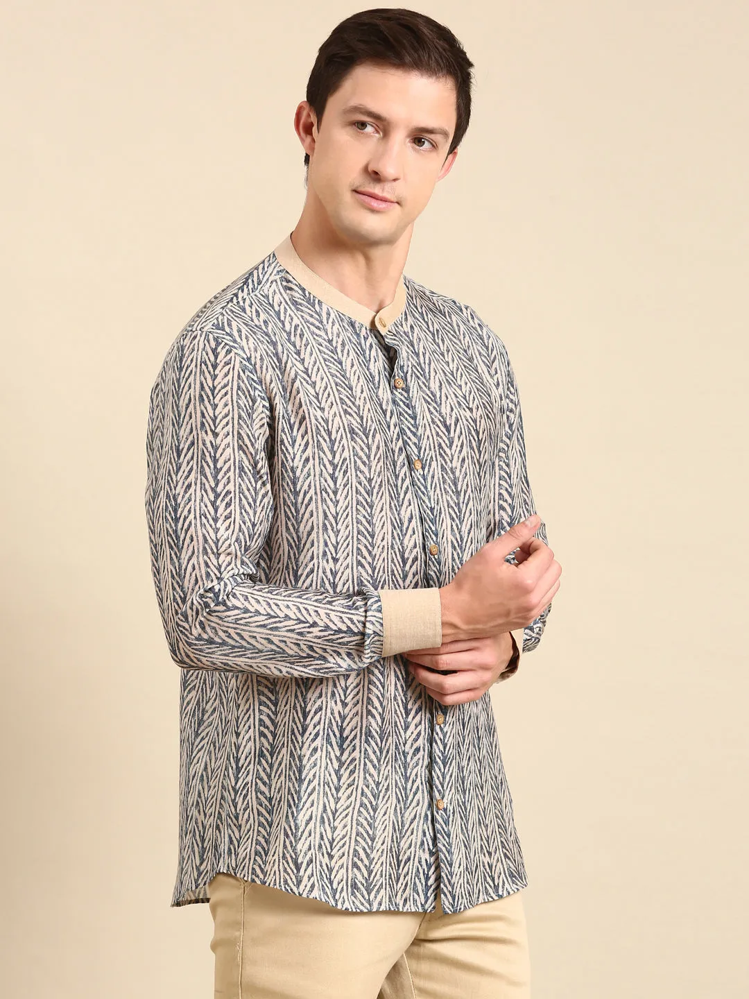 Beige on Blue Muslin Designer Shirt - MM0841