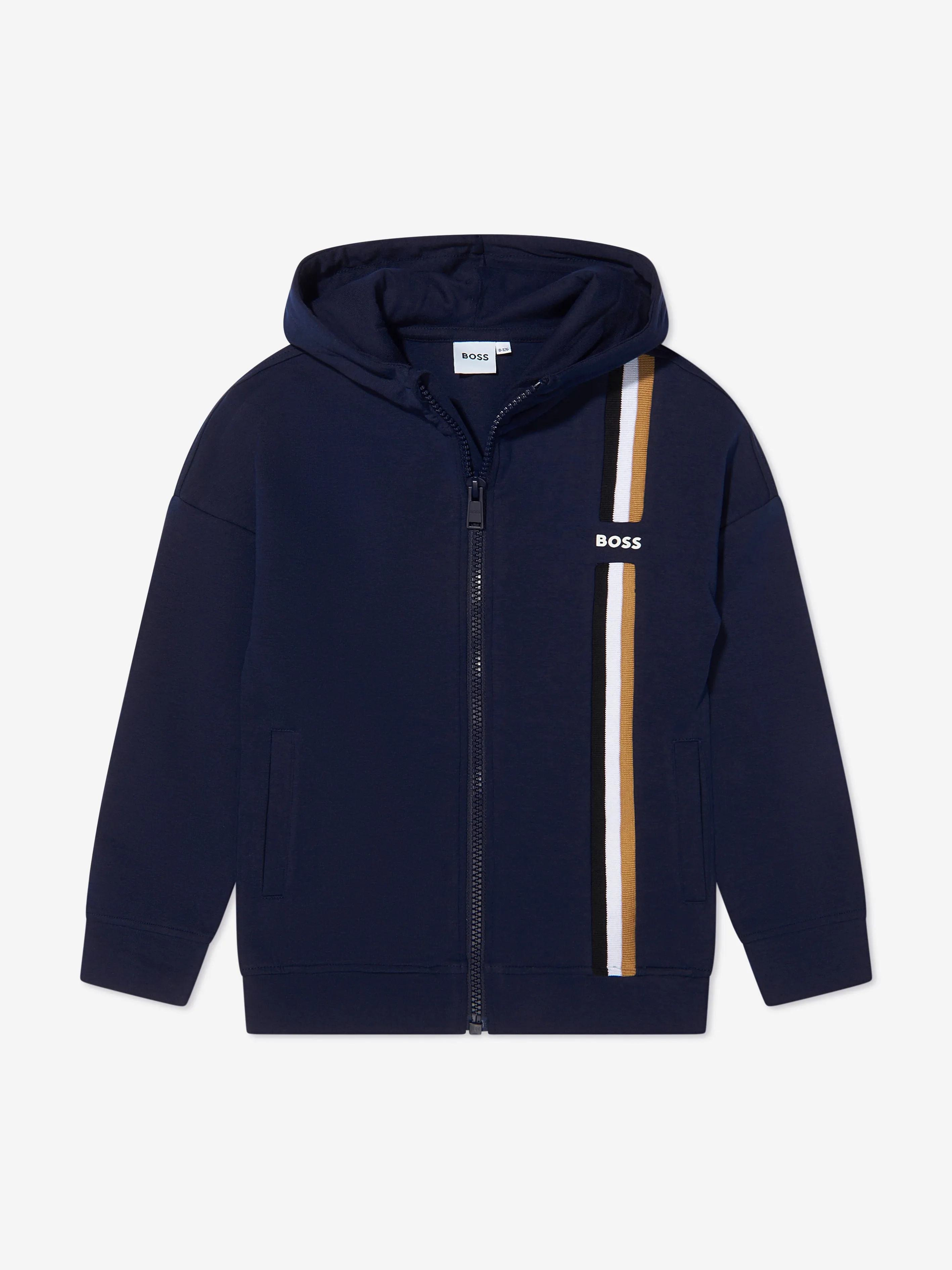 BOSS Boys Logo Stripe Zip Up Hoodie In Navy