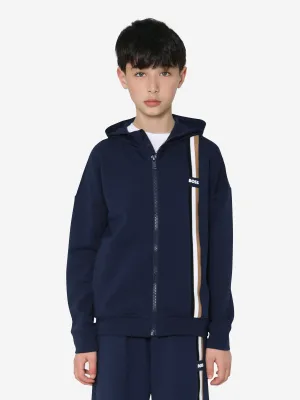 BOSS Boys Logo Stripe Zip Up Hoodie In Navy