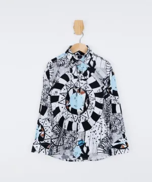 Boys Zen Doodle Printed Fashion Shirt - White- Blue