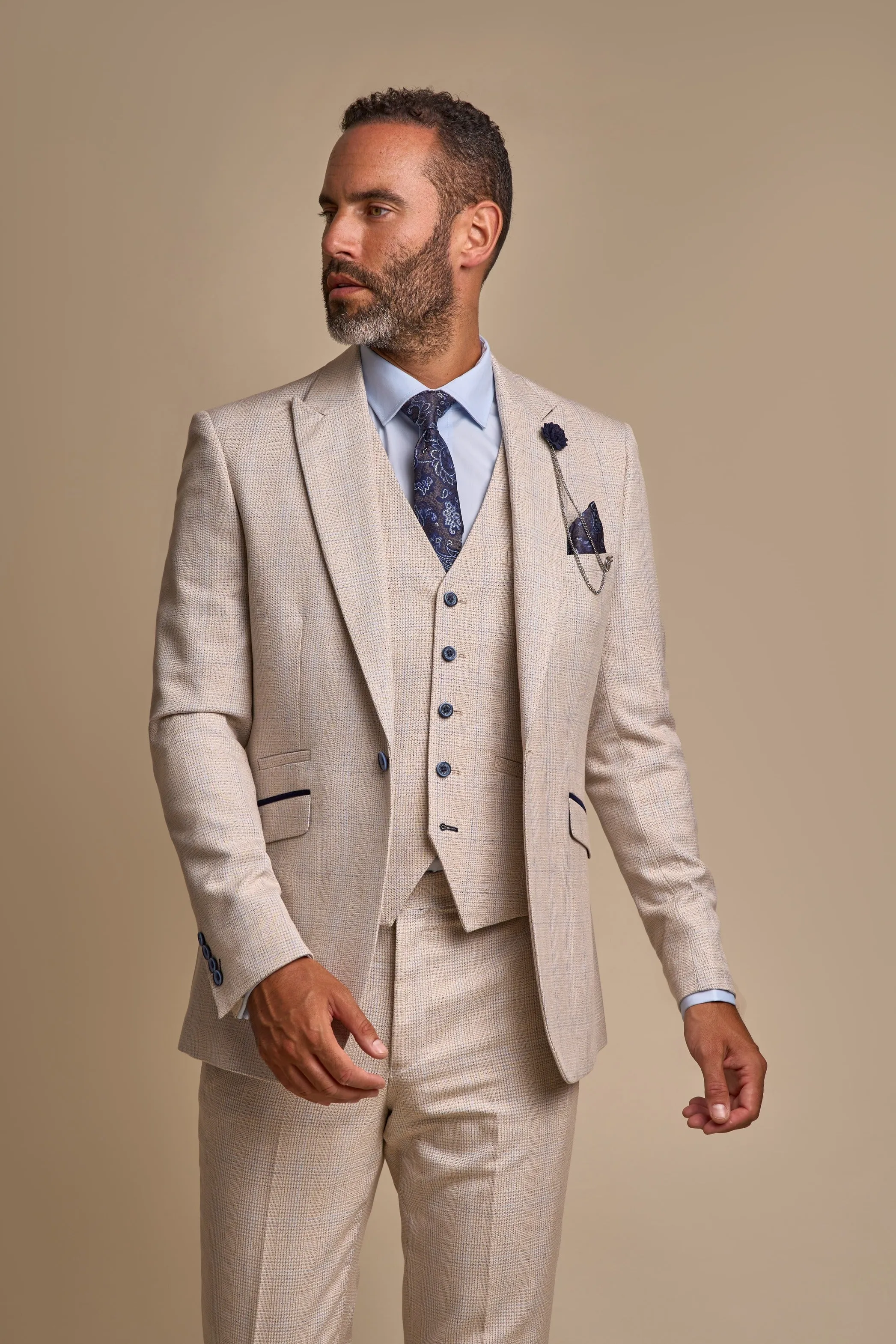 Caridi Beige Short Check Three Piece Suit