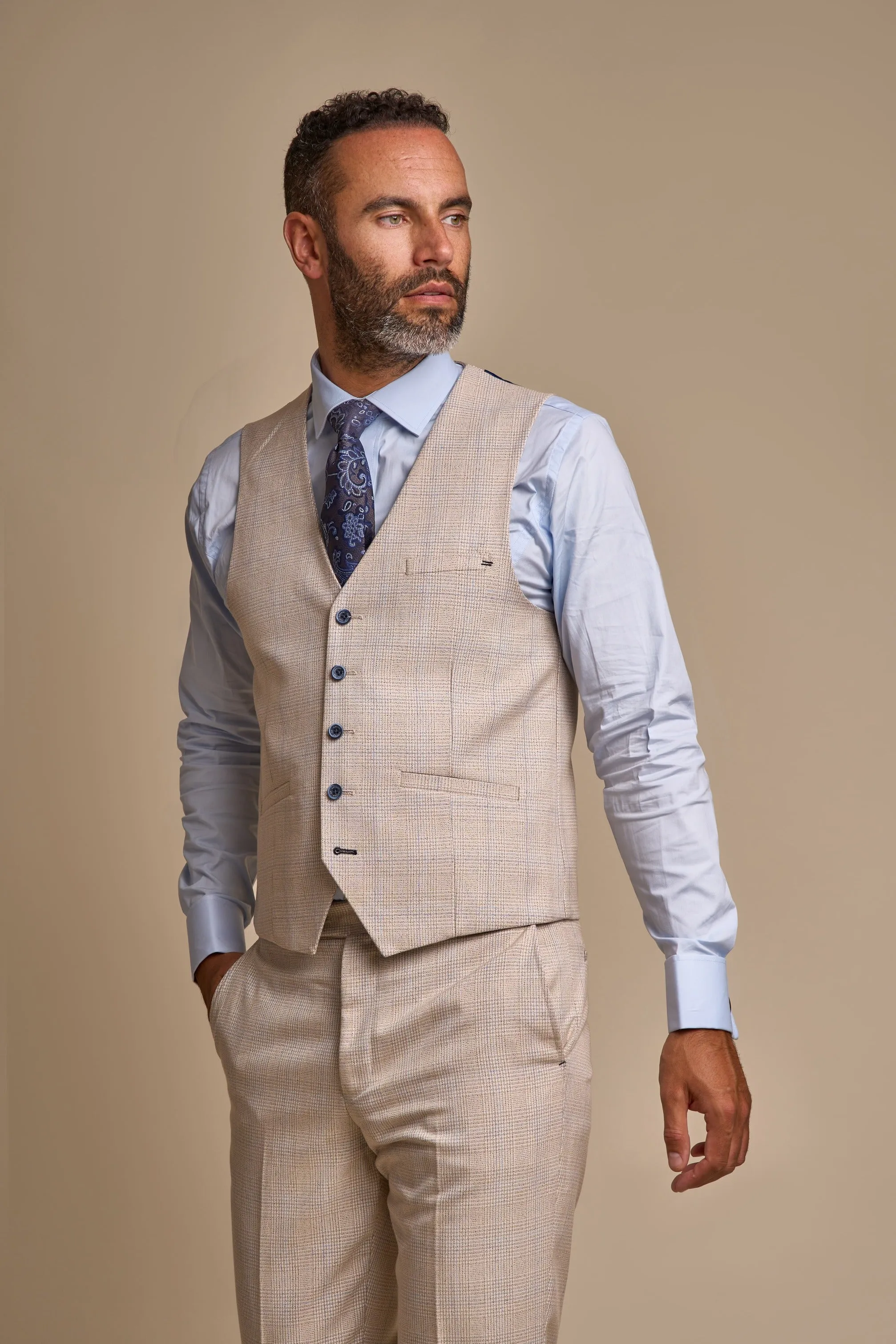 Caridi Beige Short Check Three Piece Suit