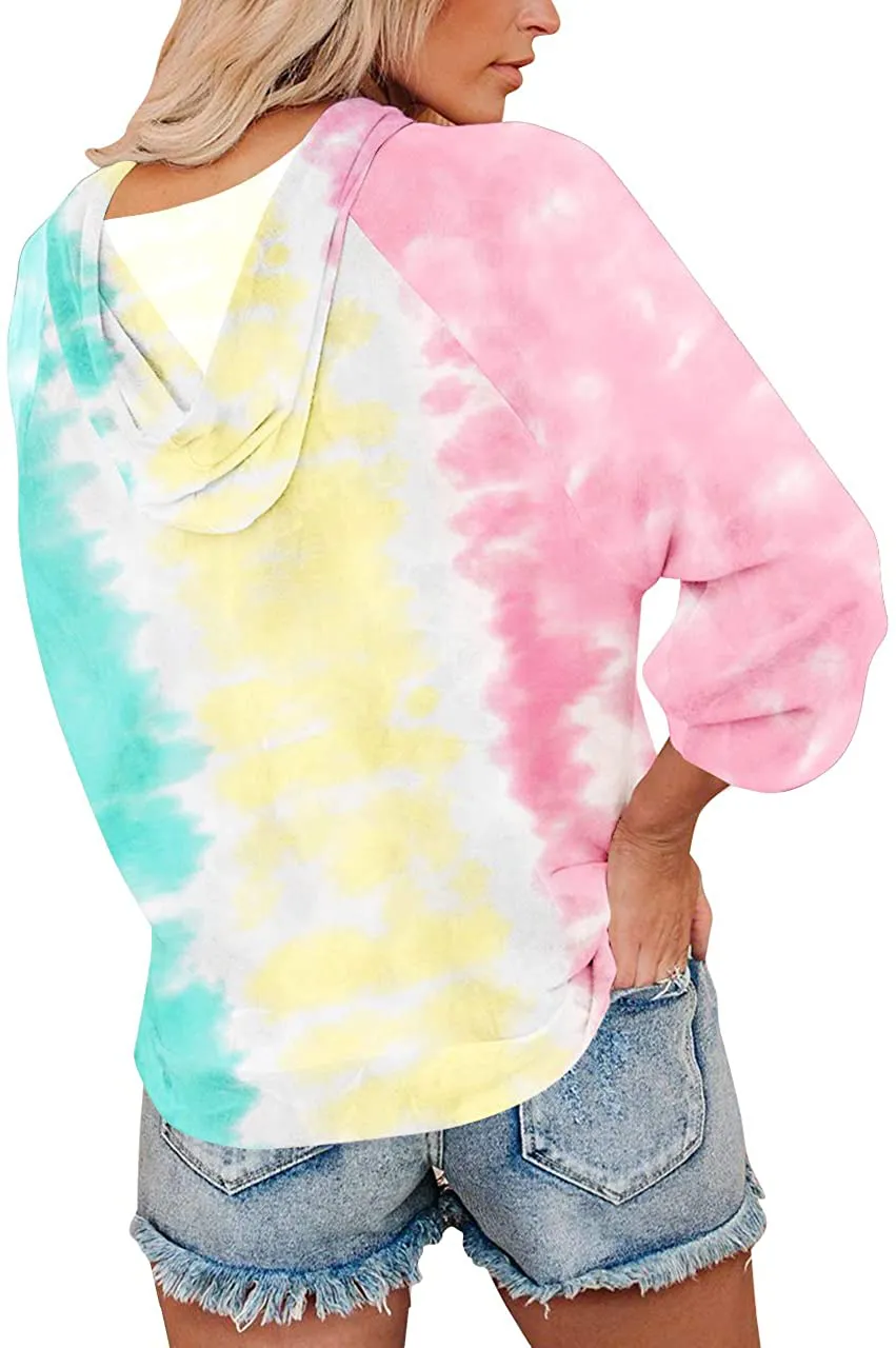 Clarisbelle Womens Long Sleeve Tie-Dye Hoodie with Drawstrings