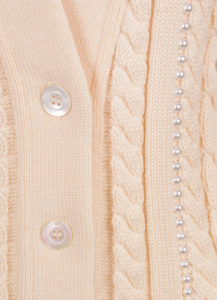 Cream Chunky Cable Knit Wool Cardigan With Faux Pearl Embellishment