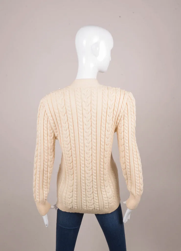 Cream Chunky Cable Knit Wool Cardigan With Faux Pearl Embellishment