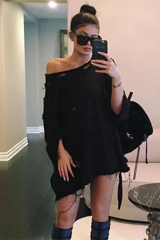 Cut Out One Shoulder Loose Long Sweatshirt