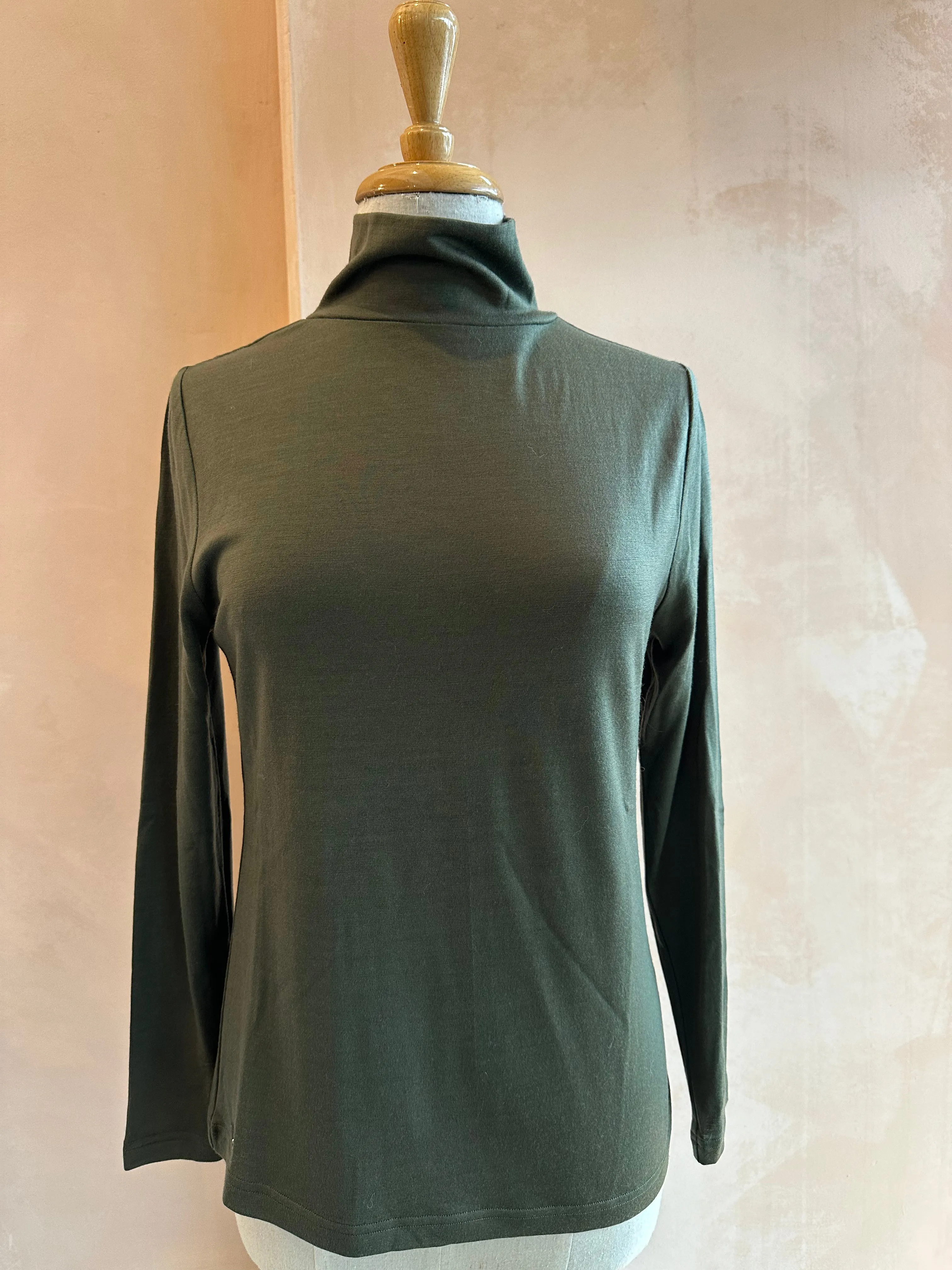 Ebony - Merino (210) LS High Neck Top Khaki