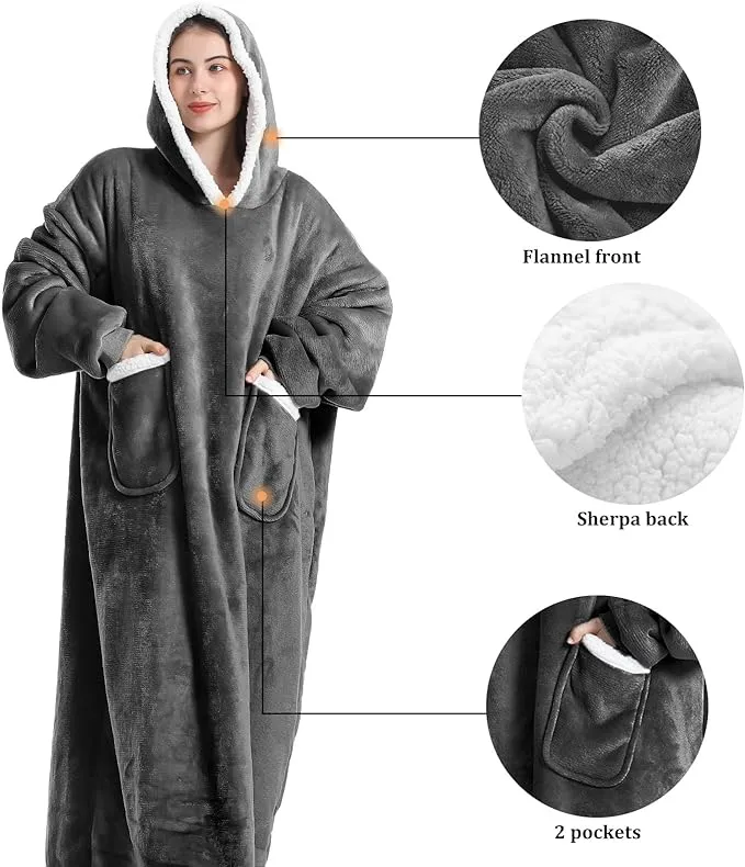 Extra Long Hoodie Blanket, Oversized Sherpa Hoodie Blanket for Women and Men, Wearable Blanket Hoodie with Sleeves and Giant Pocket