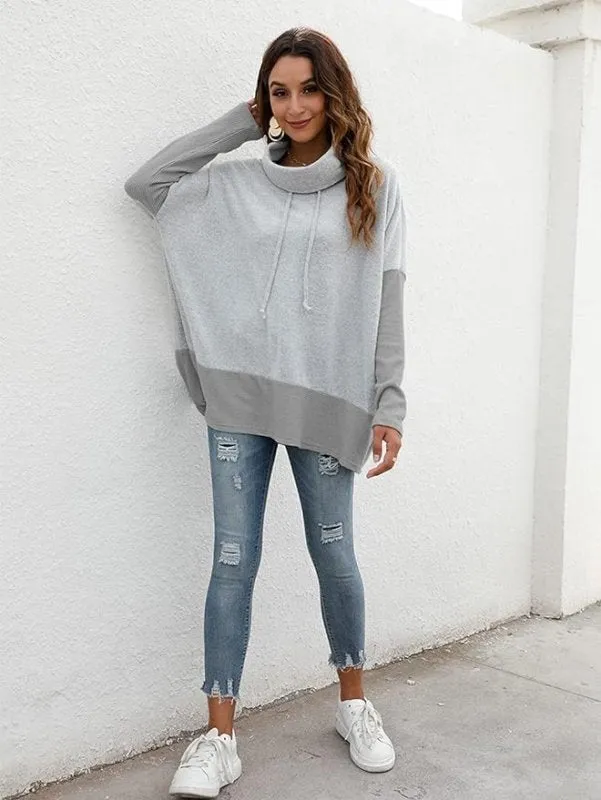 Famulily Cowl Neck Womens Color Block Long Sleeve Hoodies Oversized Sweatshirt Pullover Top With Drawstring S-XL