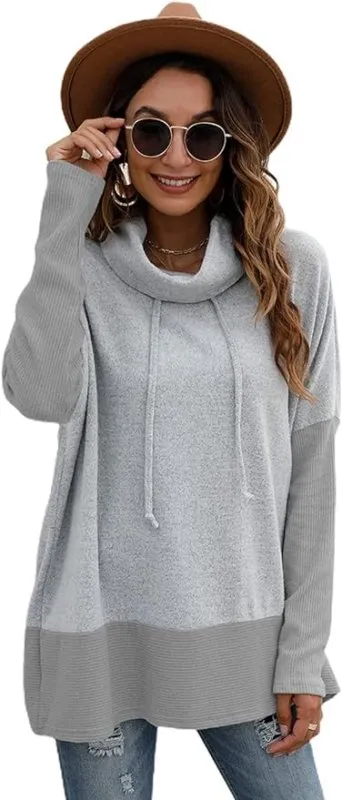 Famulily Cowl Neck Womens Color Block Long Sleeve Hoodies Oversized Sweatshirt Pullover Top With Drawstring S-XL