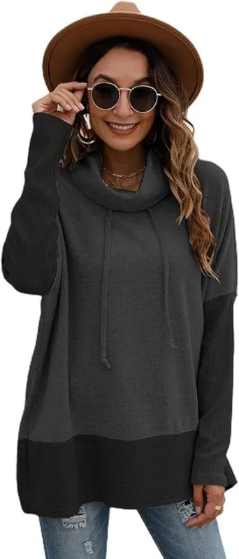 Famulily Cowl Neck Womens Color Block Long Sleeve Hoodies Oversized Sweatshirt Pullover Top With Drawstring S-XL