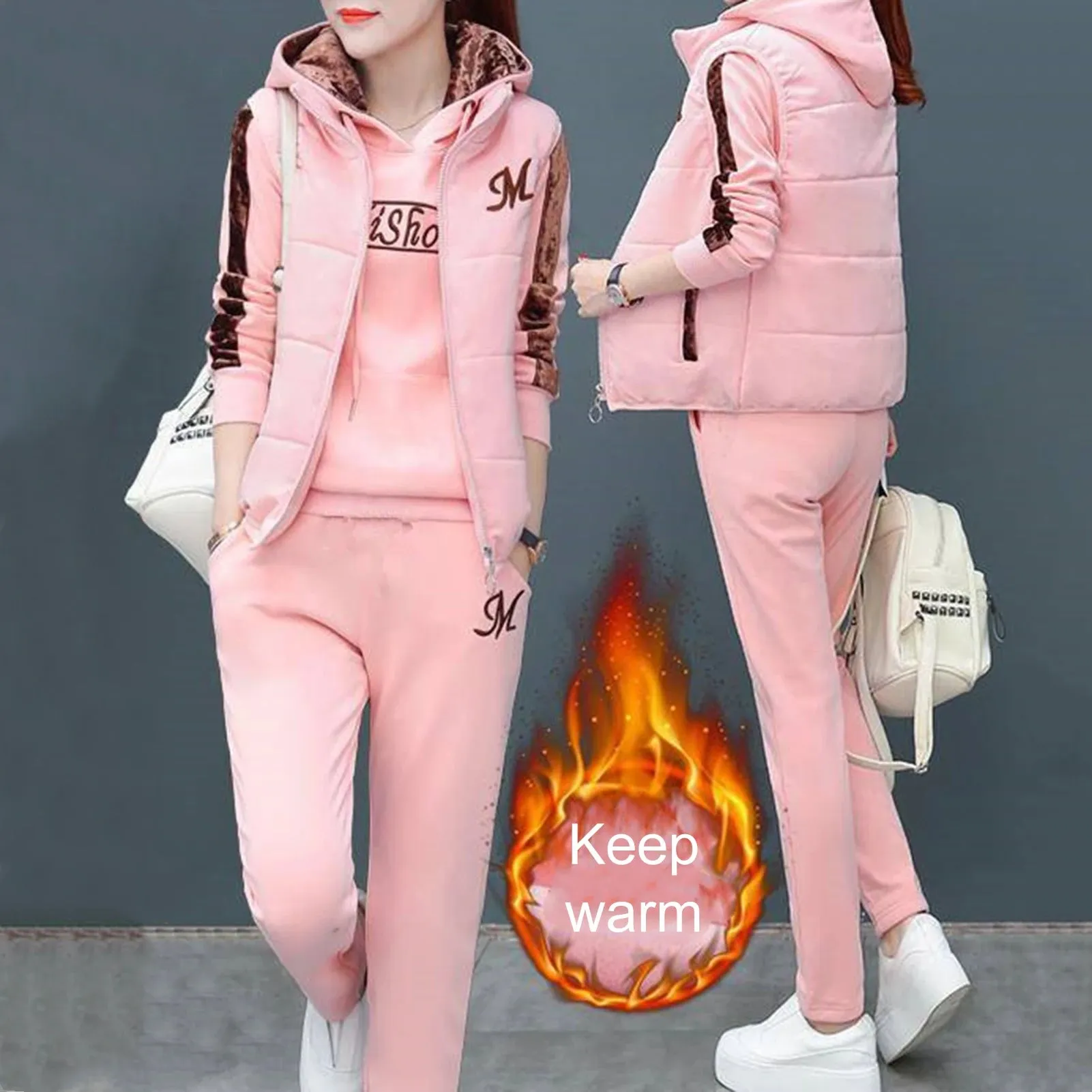 Fashion Warm Three Piece Set Women Outfit 2025 Fall Winter Thicken Tracksuit Casual Waistcoat Hoodies Pant Female Sweat Suit