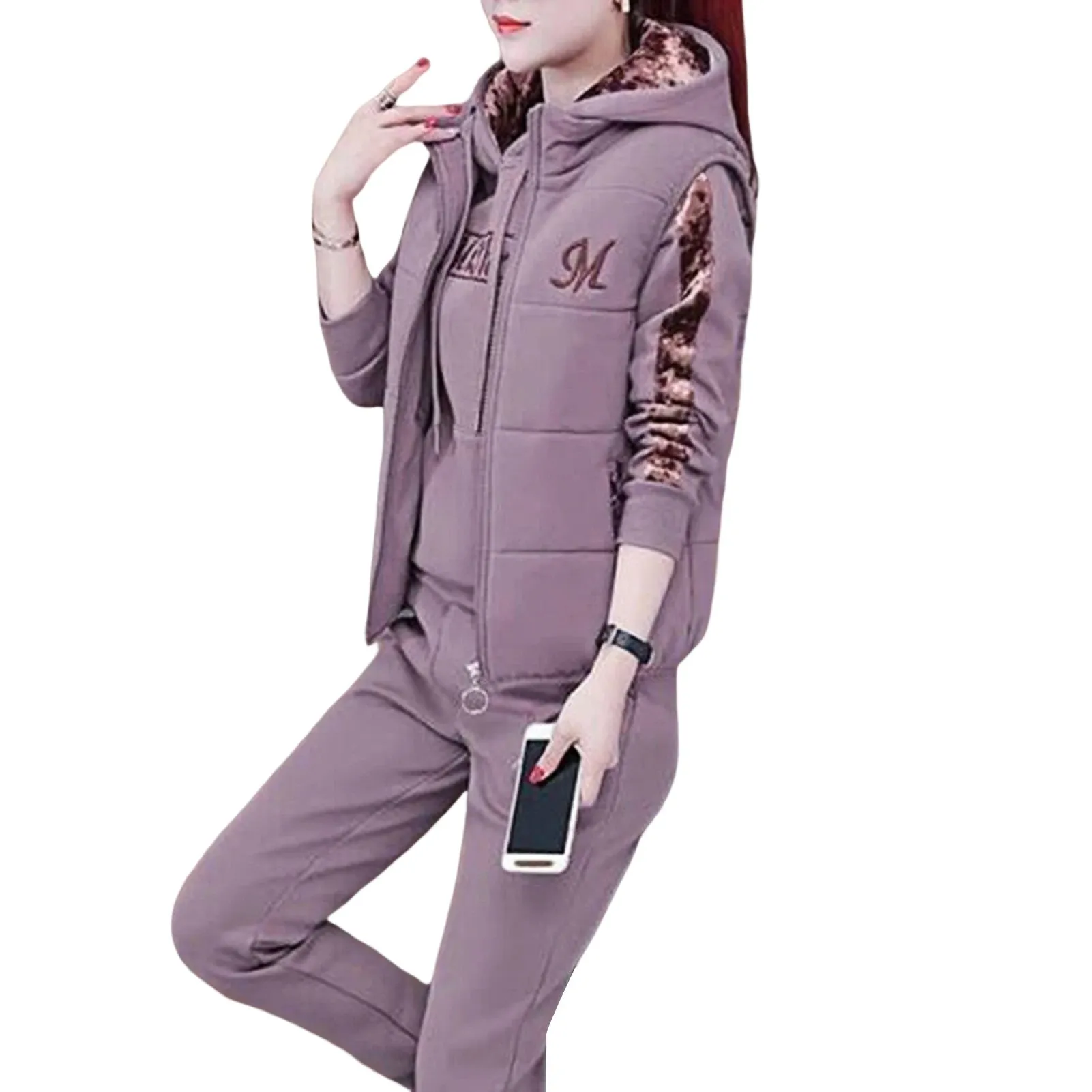 Fashion Warm Three Piece Set Women Outfit 2025 Fall Winter Thicken Tracksuit Casual Waistcoat Hoodies Pant Female Sweat Suit