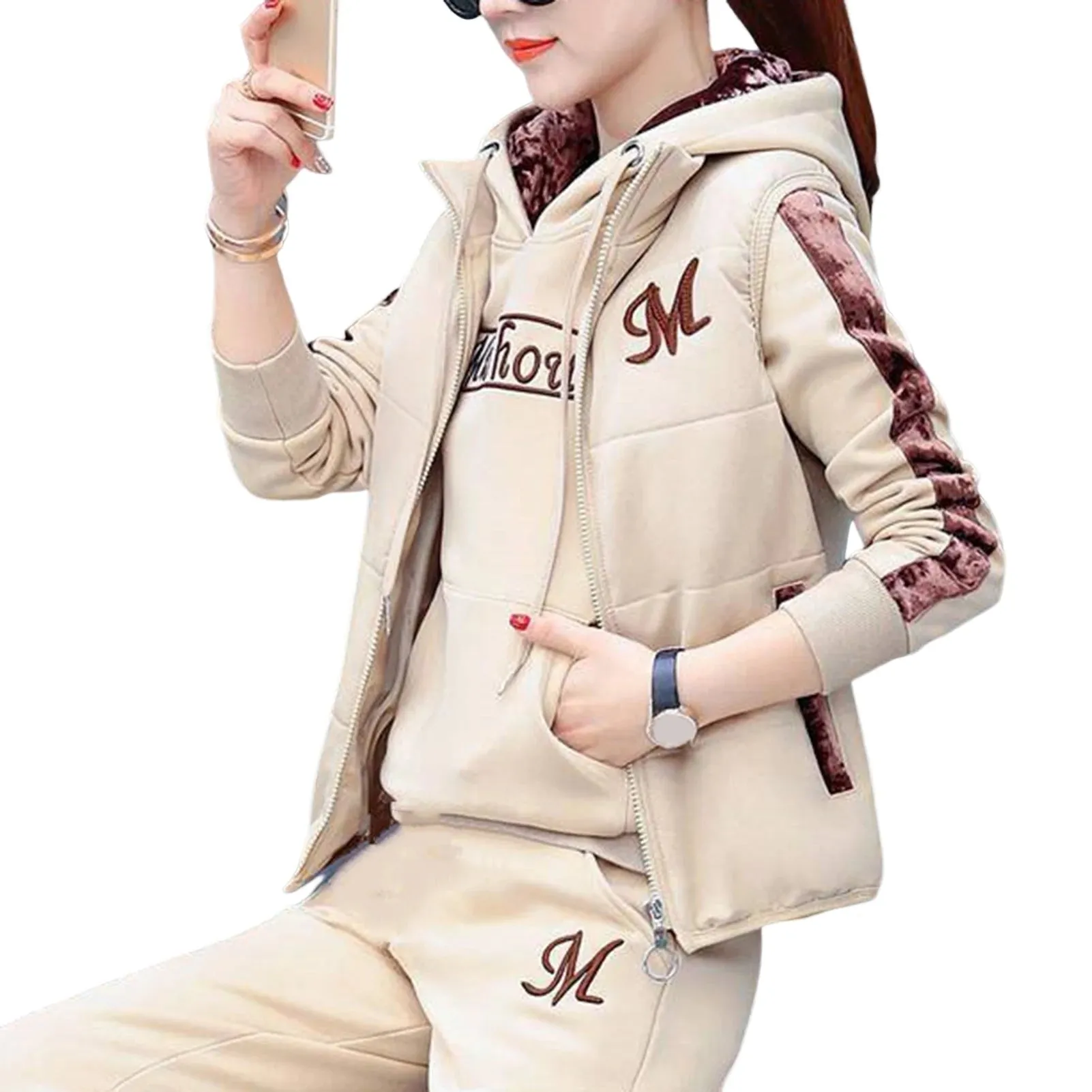 Fashion Warm Three Piece Set Women Outfit 2025 Fall Winter Thicken Tracksuit Casual Waistcoat Hoodies Pant Female Sweat Suit