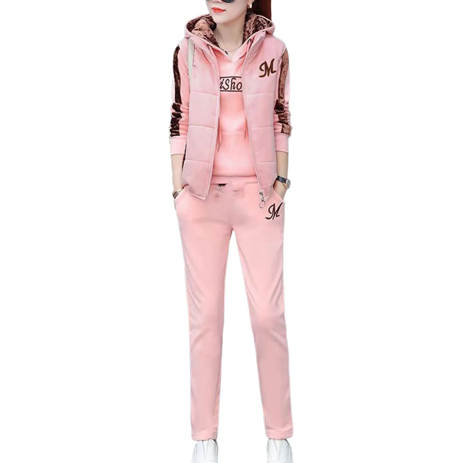 Fashion Warm Three Piece Set Women Outfit 2025 Fall Winter Thicken Tracksuit Casual Waistcoat Hoodies Pant Female Sweat Suit