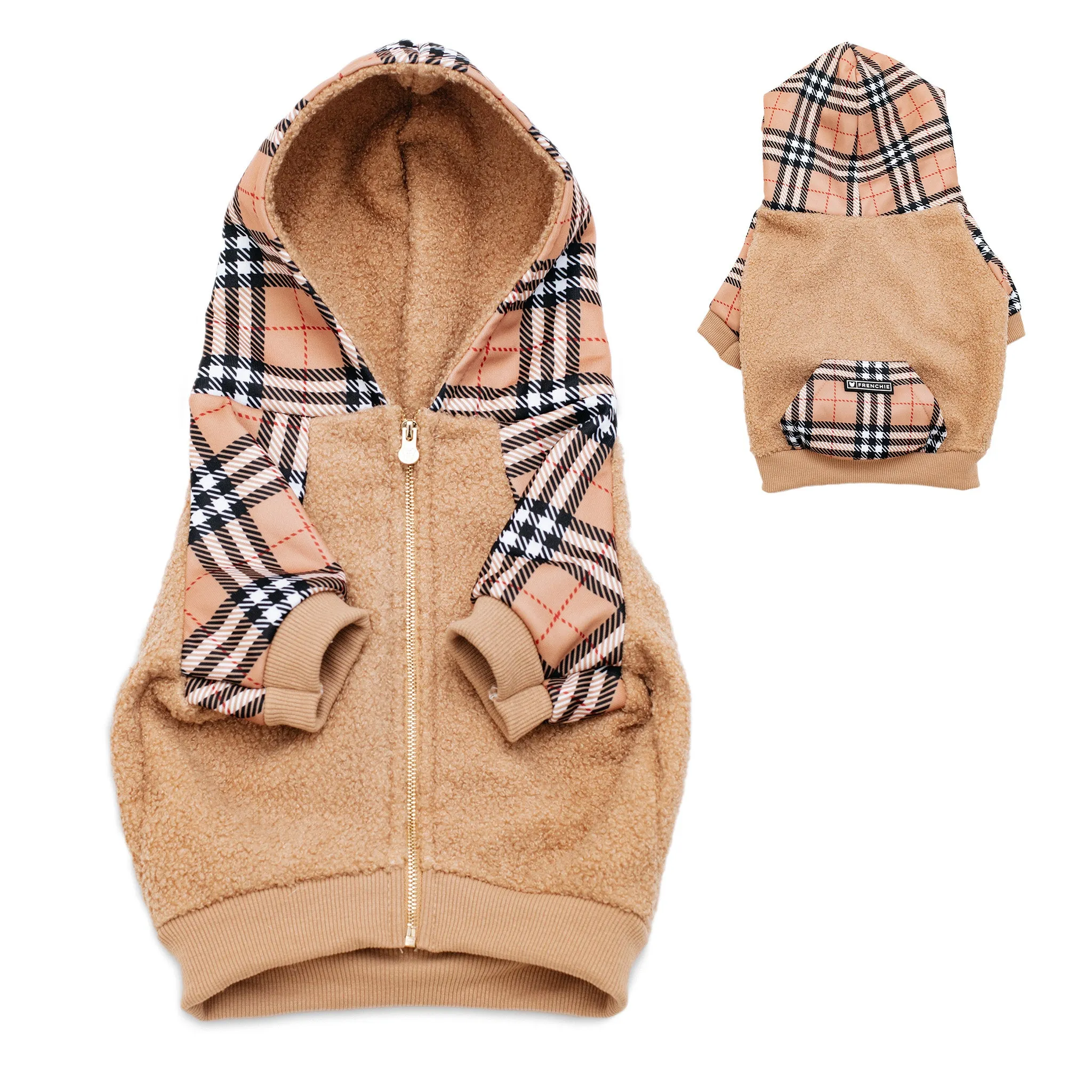 Frenchie Dog Hoodie - Tan Tartan