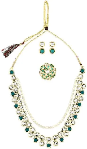 Green Kundan Multi Layers Necklace Earring & Ring Set For Women