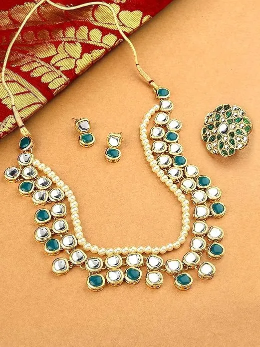 Green Kundan Multi Layers Necklace Earring & Ring Set For Women