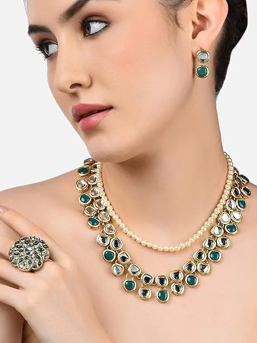 Green Kundan Multi Layers Necklace Earring & Ring Set For Women