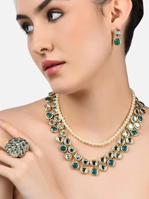 Green Kundan Multi Layers Necklace Earring & Ring Set For Women