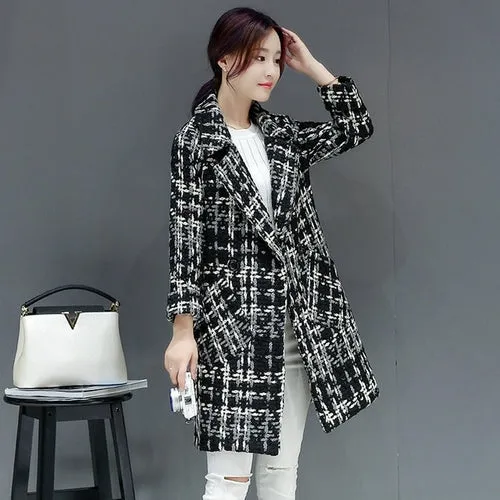 Green Plaid Coat Female Autumn Winter Mid-long Women's Blended Woole