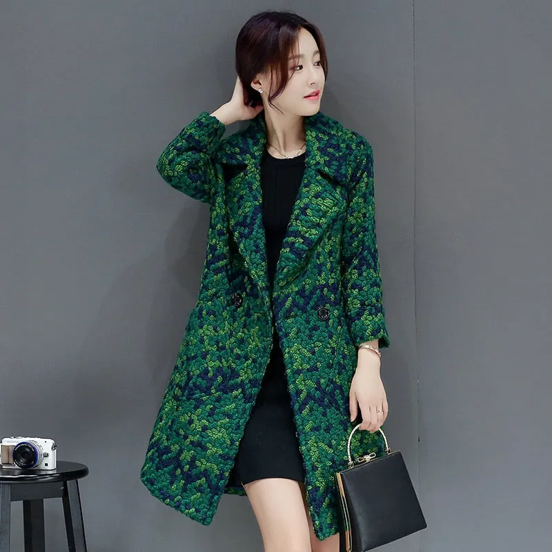 Green Plaid Coat Female Autumn Winter Mid-long Women's Blended Woole