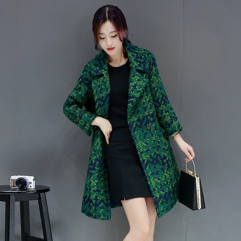 Green Plaid Coat Female Autumn Winter Mid-long Women's Blended Woole