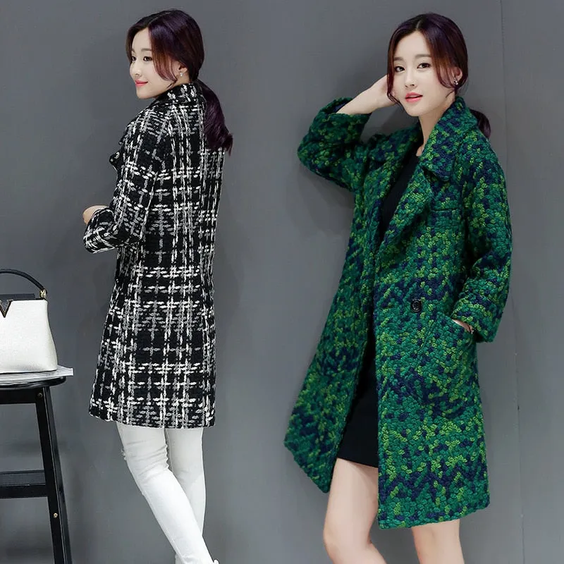 Green Plaid Coat Female Autumn Winter Mid-long Women's Blended Woole