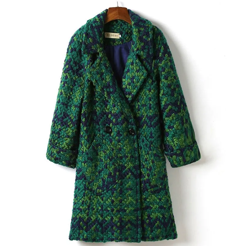 Green Plaid Coat Female Autumn Winter Mid-long Women's Blended Woole