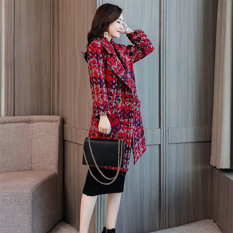 Green Plaid Coat Female Autumn Winter Mid-long Women's Blended Woole