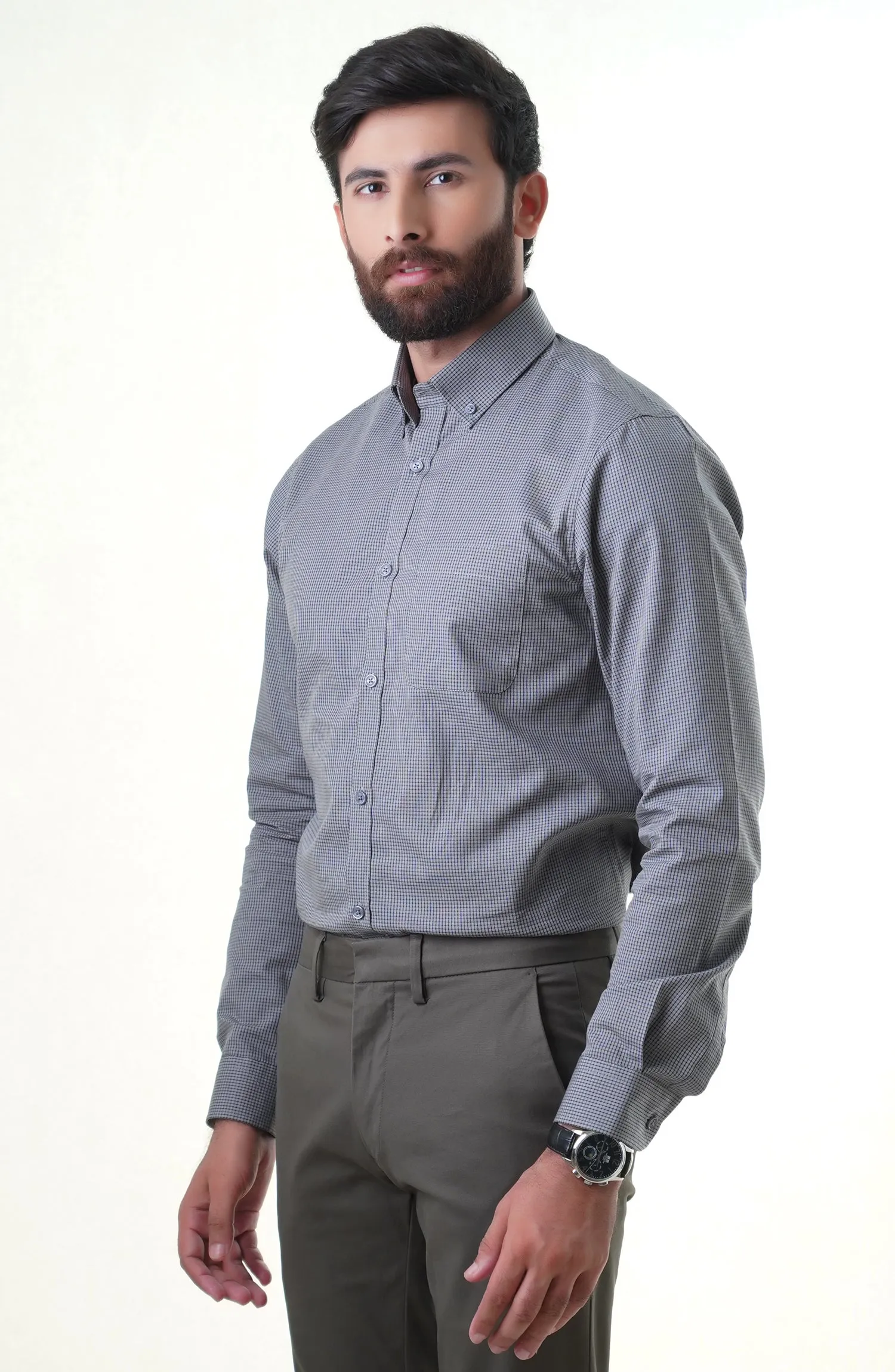 Grey/Black Full Sleeves Cotton Shirt