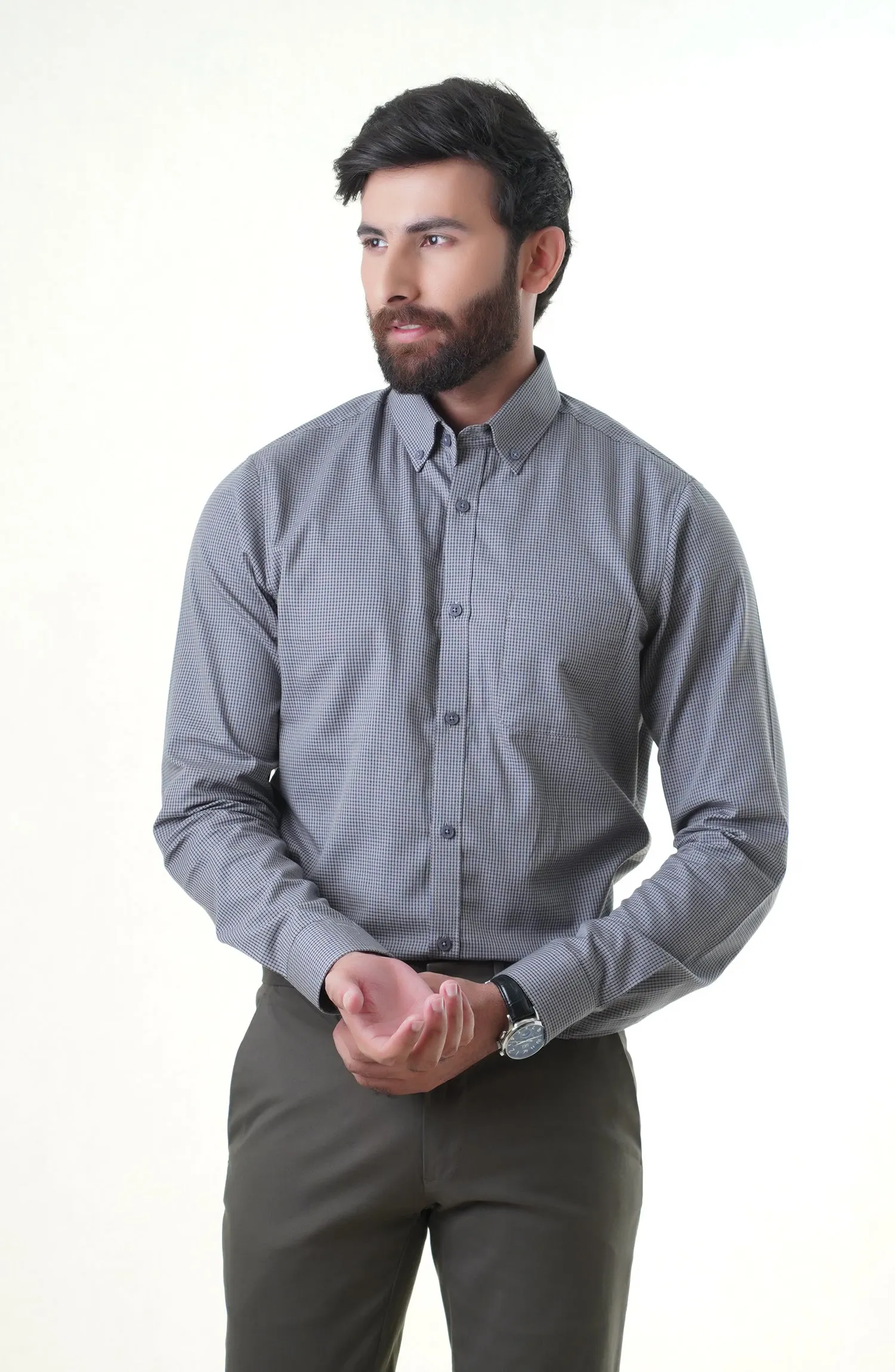 Grey/Black Full Sleeves Cotton Shirt