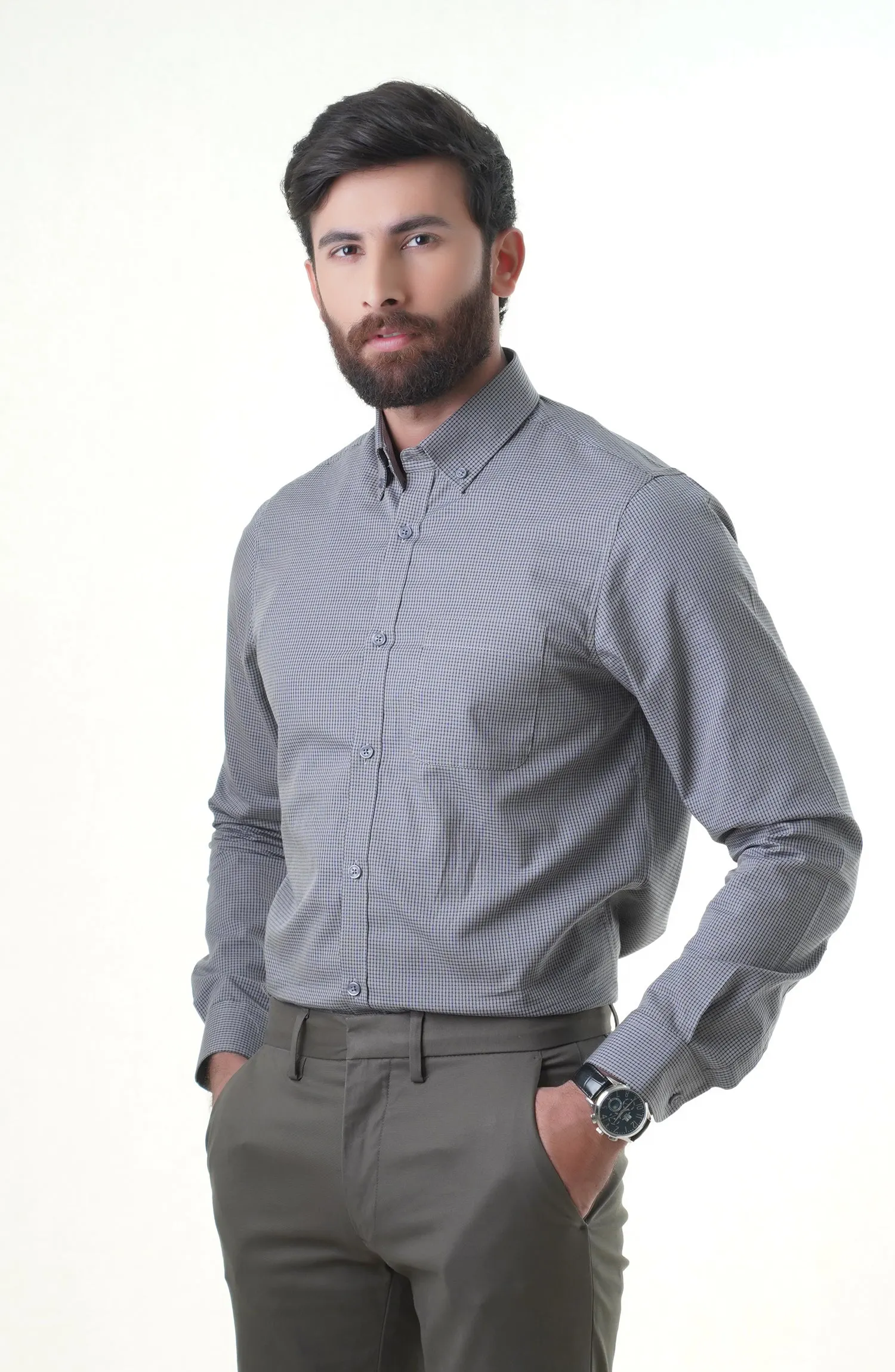 Grey/Black Full Sleeves Cotton Shirt