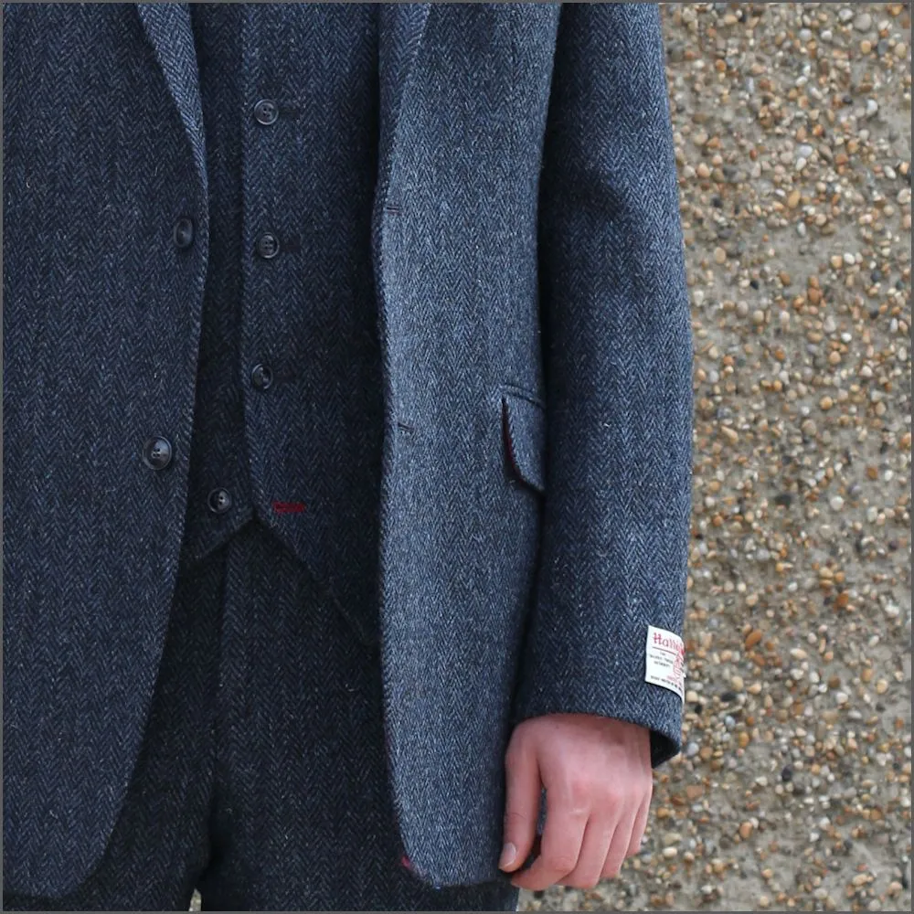 Harris Tweed Dark Blue Herringbone 3pc Suit^^