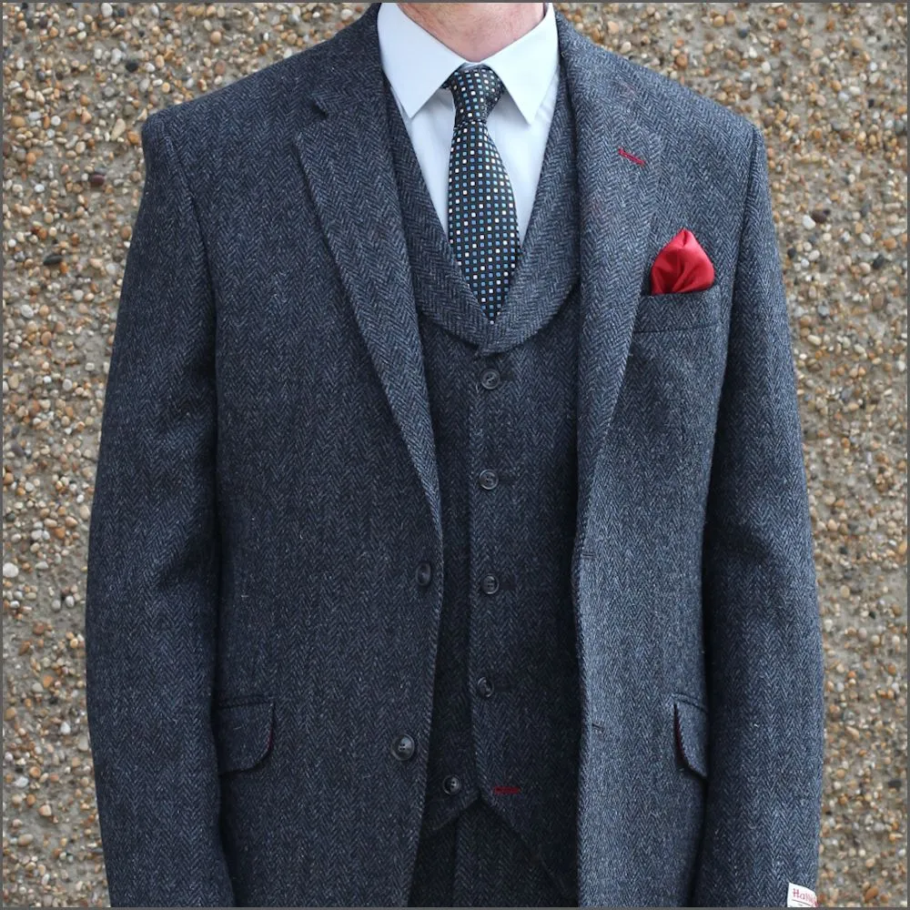 Harris Tweed Dark Blue Herringbone 3pc Suit^^