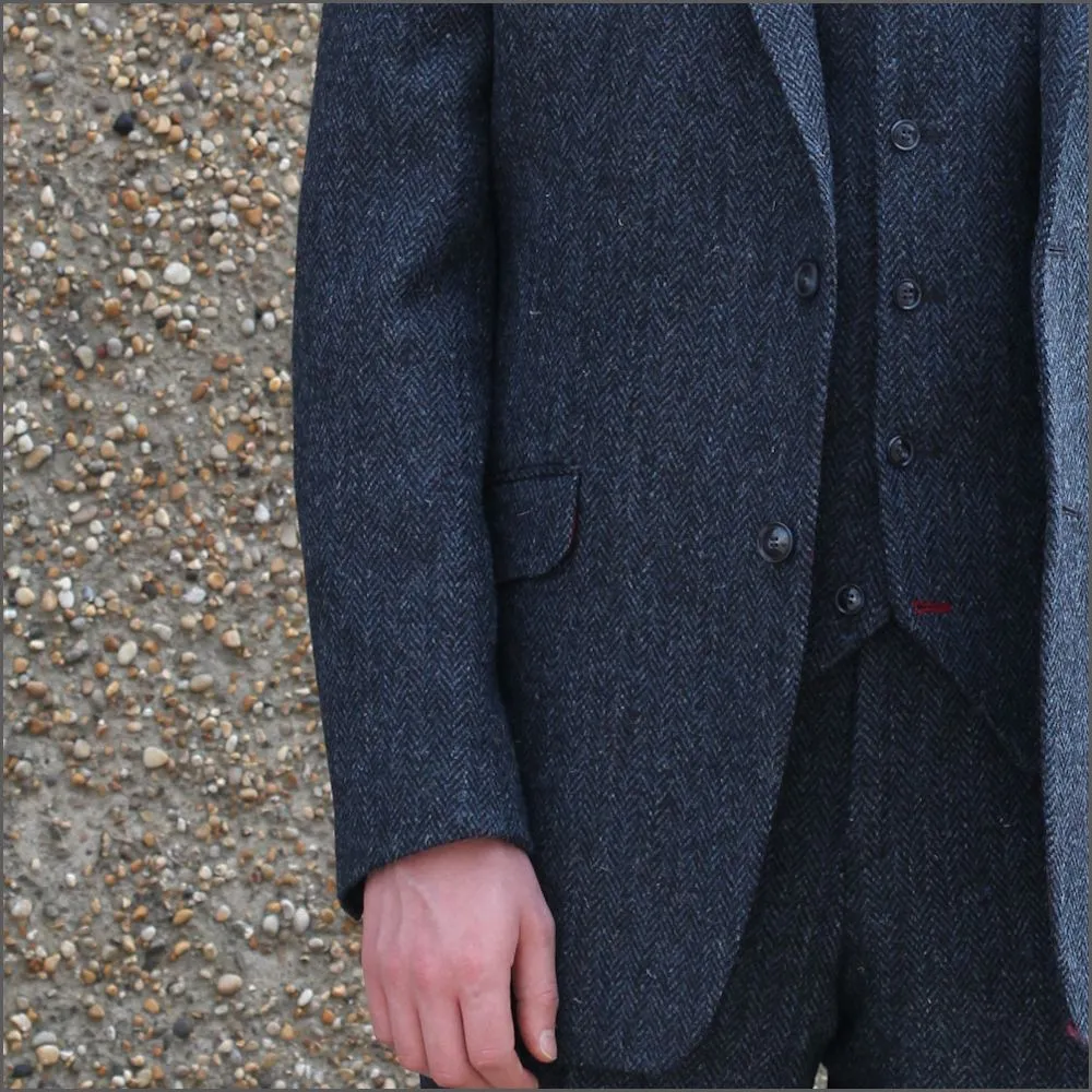 Harris Tweed Dark Blue Herringbone 3pc Suit^^