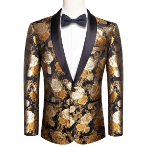 Hi-Tie Black Shawl Lapel Luxury Brown Golden Floral Men's Suit Set