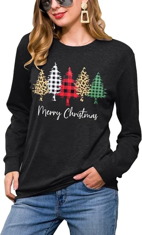 hohololo Christmas Sweatshirts Women Xmas Shirt Christmas Tree Graphics Pullover Holiday Long Sleeve Tops