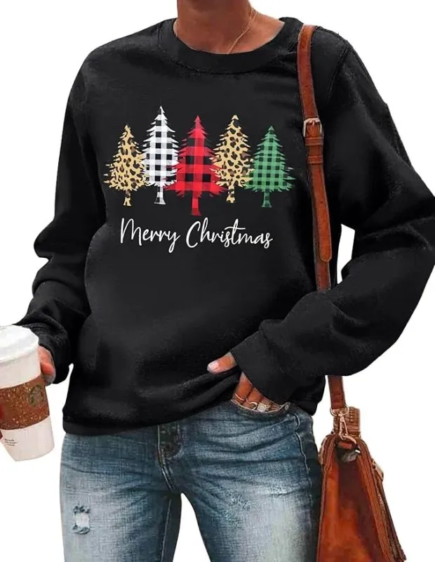 hohololo Christmas Sweatshirts Women Xmas Shirt Christmas Tree Graphics Pullover Holiday Long Sleeve Tops