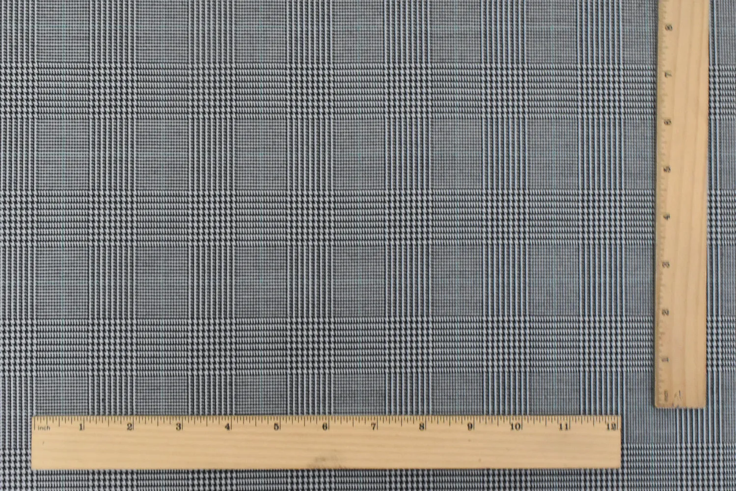 Light Gray-Black-Green Glen Plaid Wool-Poly Twill Woven Suiting Fabric